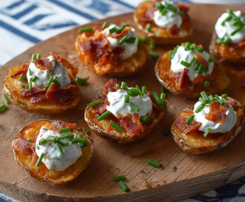 Delicious crispy potato skin bites with melted cheese and herbs, perfect as an appetizer or snack.