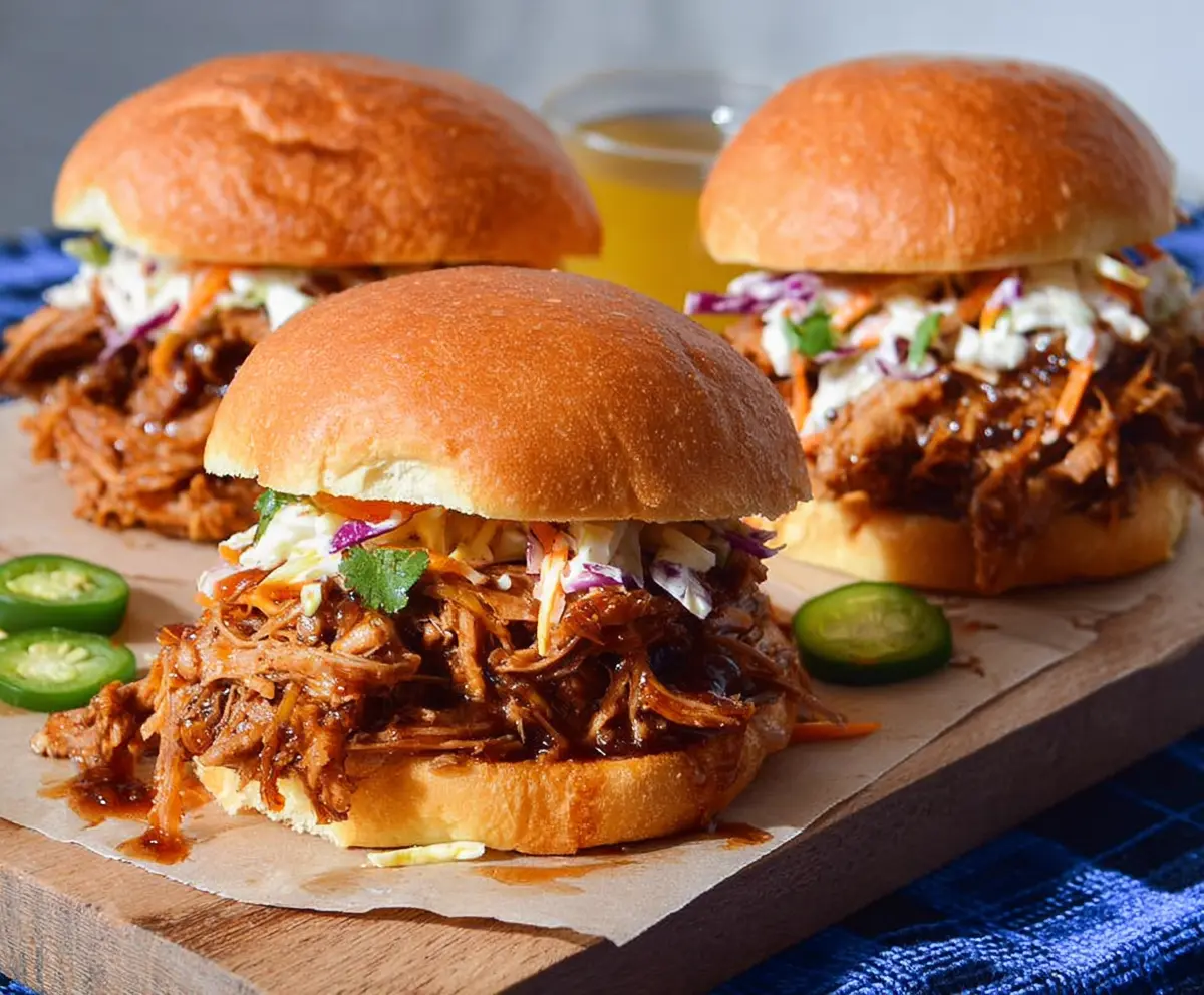 Delicious pulled pork sandwiches with barbecue sauce and fresh buns on a platter.