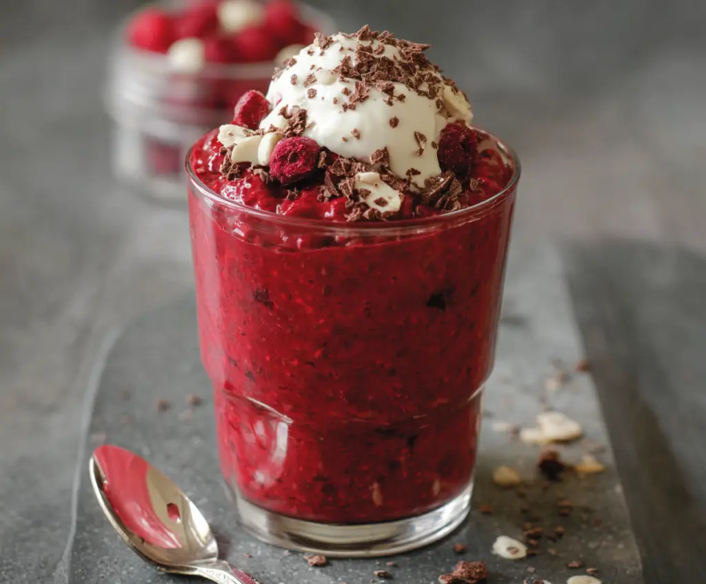 Creamy red velvet overnight oats in a glass jar topped with whipped cream and chocolate shavings