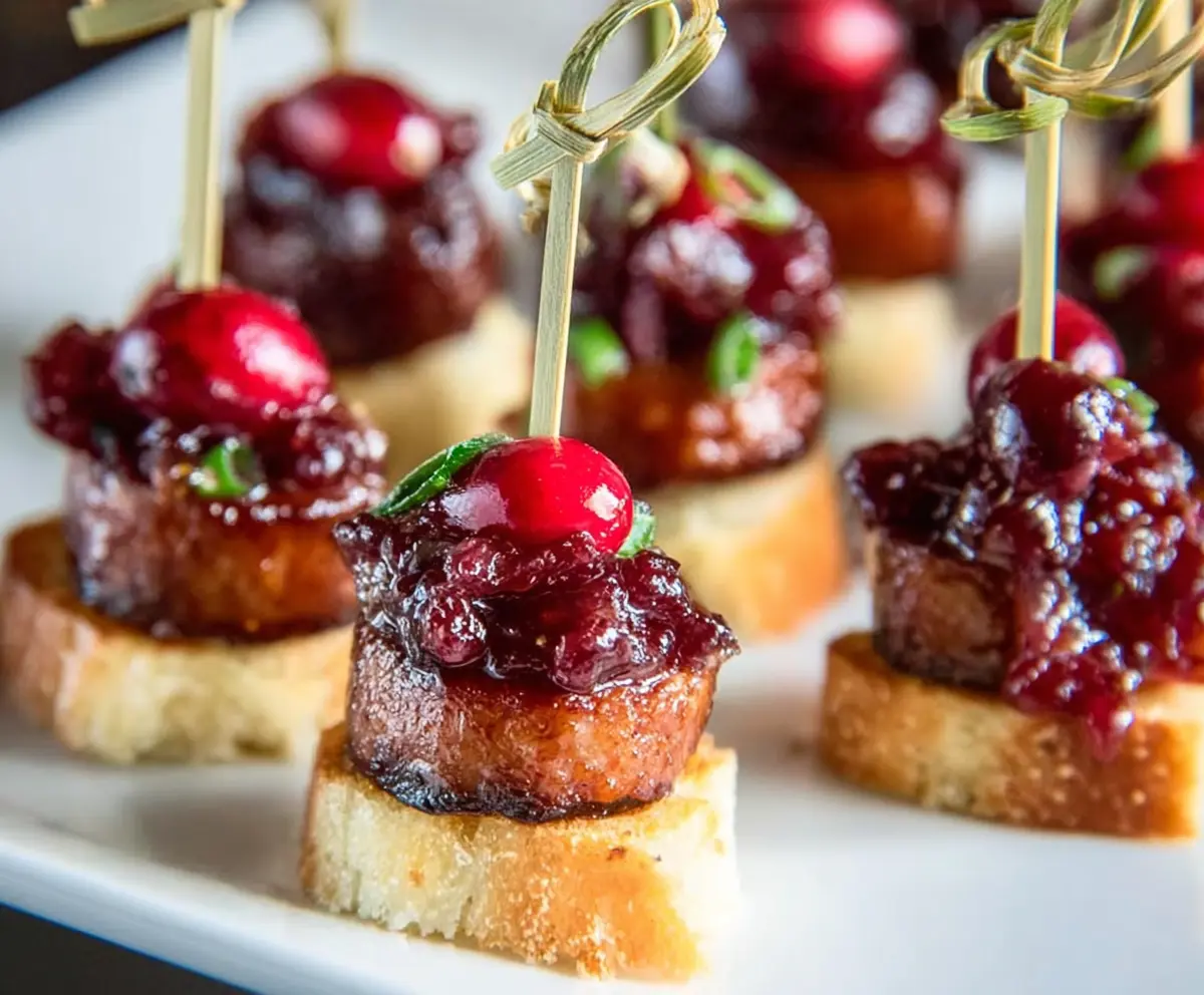 Delicious sheet pan smoked sausage cranberry bites arranged on a serving platter, perfect for holiday snacking.
