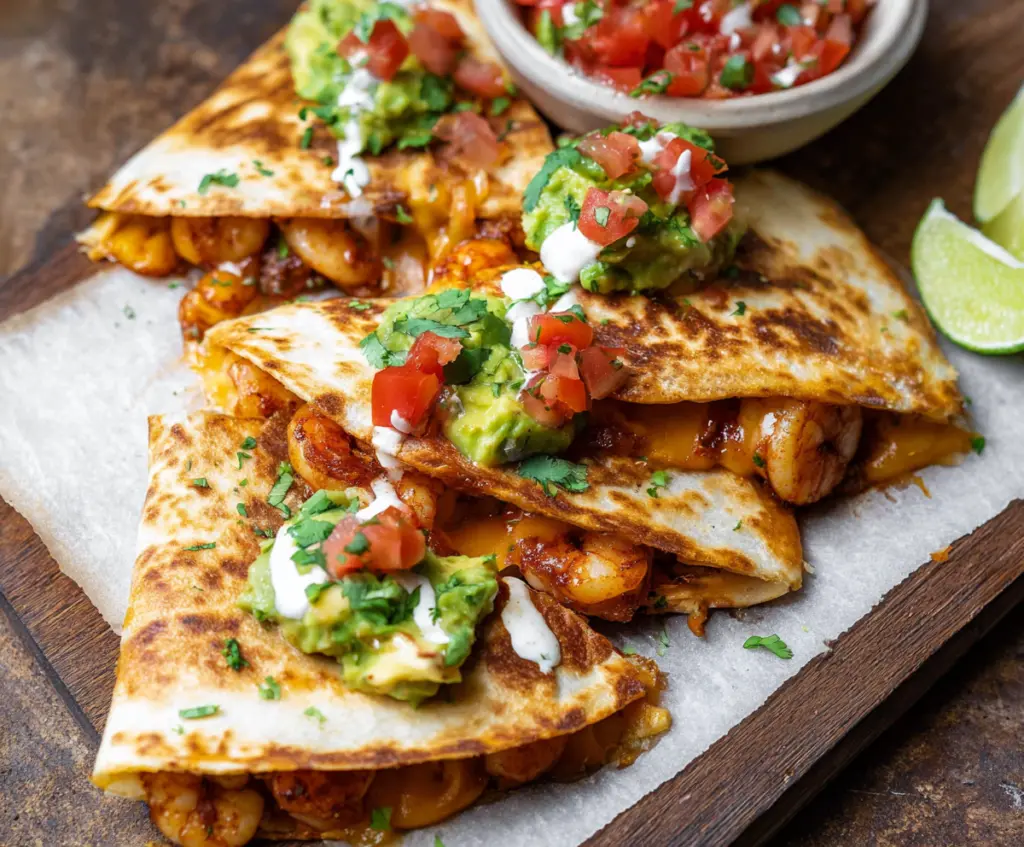 Delicious shrimp quesadillas with melted cheese and colorful ingredients on a plate