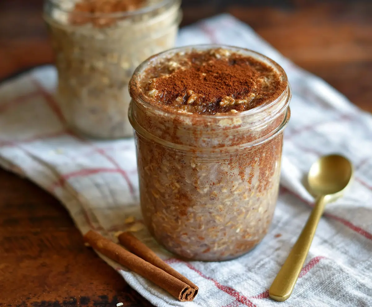 Creamy Snickerdoodle Overnight Oats topped with cinnamon and sugar for a delicious breakfast