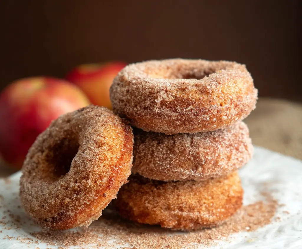 Homemade sourdough discard apple cider donuts bread on a rustic wooden table.