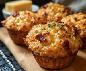 Delicious sourdough discard bacon and cheddar breakfast muffins on a plate ready to serve