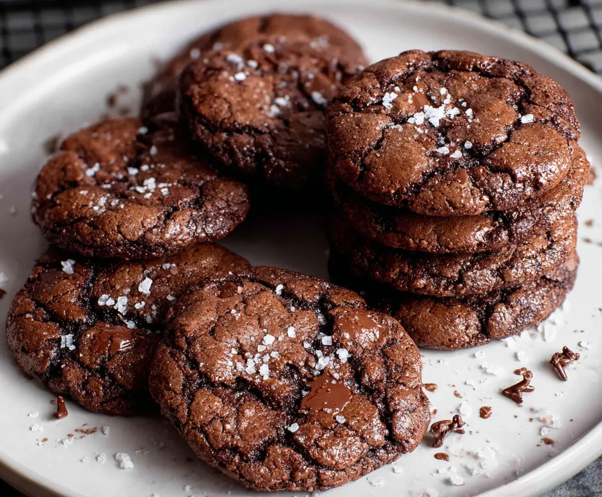 Delicious sourdough discard chocolate brownie cookies topped with chocolate chunks on a rustic wooden surface.