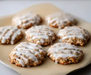 Delicious sourdough discard glazed oatmeal cookies on a plate, ready to serve.
