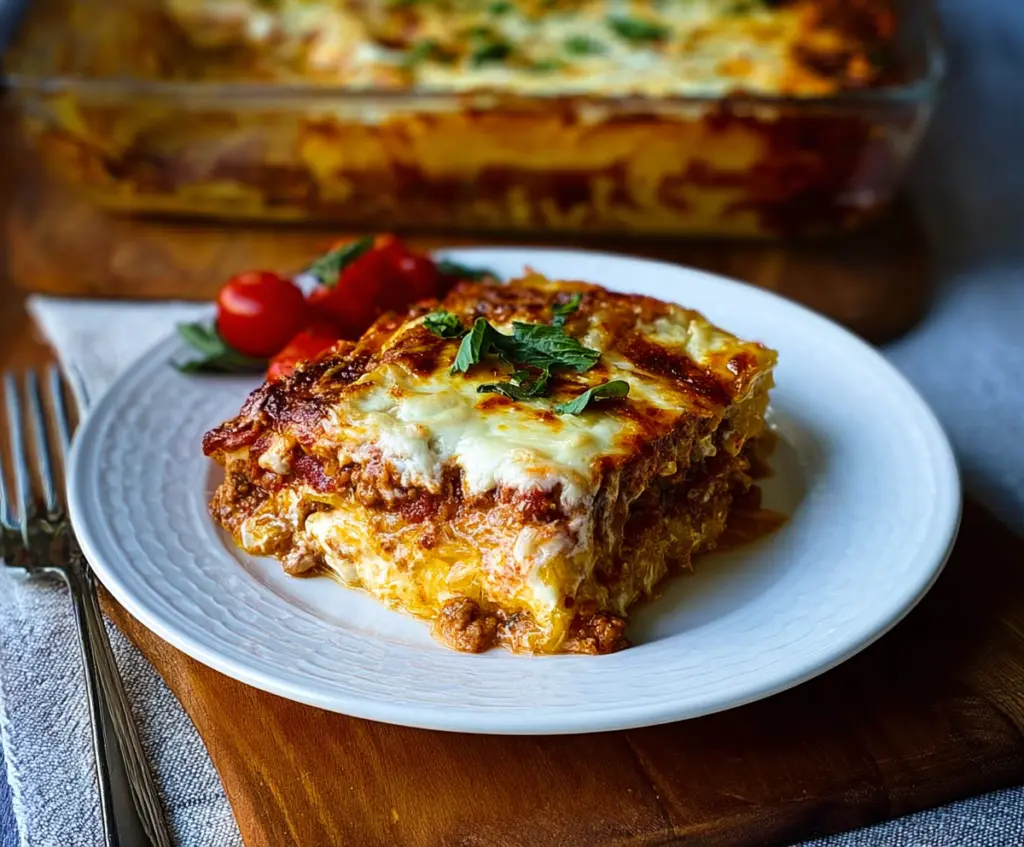 Delicious spaghetti squash lasagna served on a plate with melted cheese and fresh herbs.