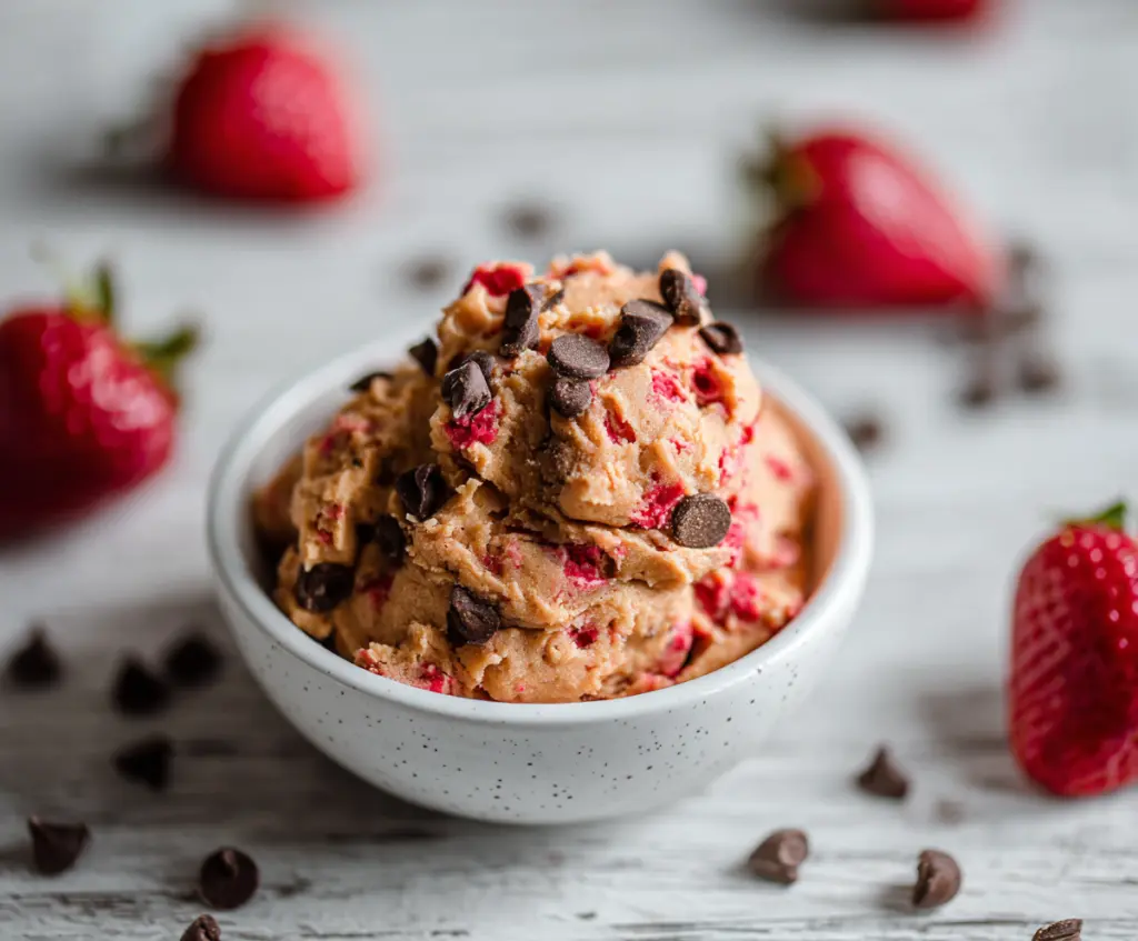 Delicious strawberry protein cookie dough served in a bowl, perfect for healthy snacking.