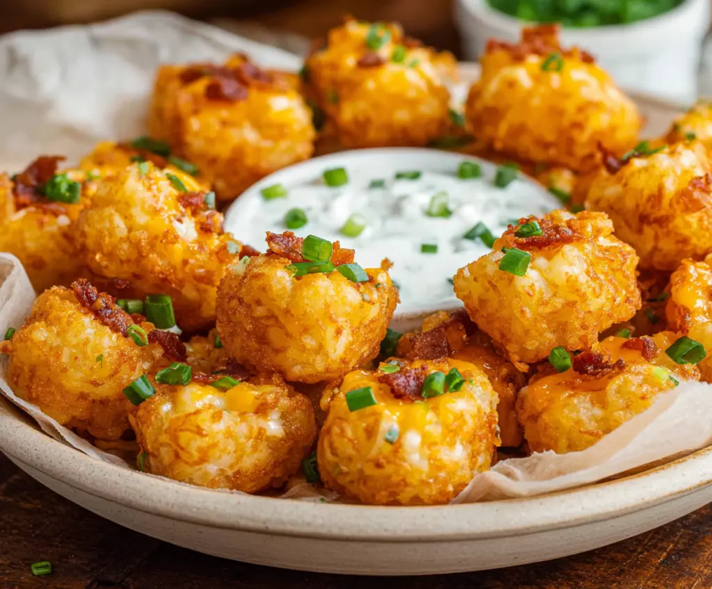 Crispy Tater Tot Bites served with dipping sauce on a white plate, perfect appetizer for parties.