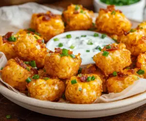 Crispy Tater Tot Bites served with dipping sauce on a white plate, perfect appetizer for parties.