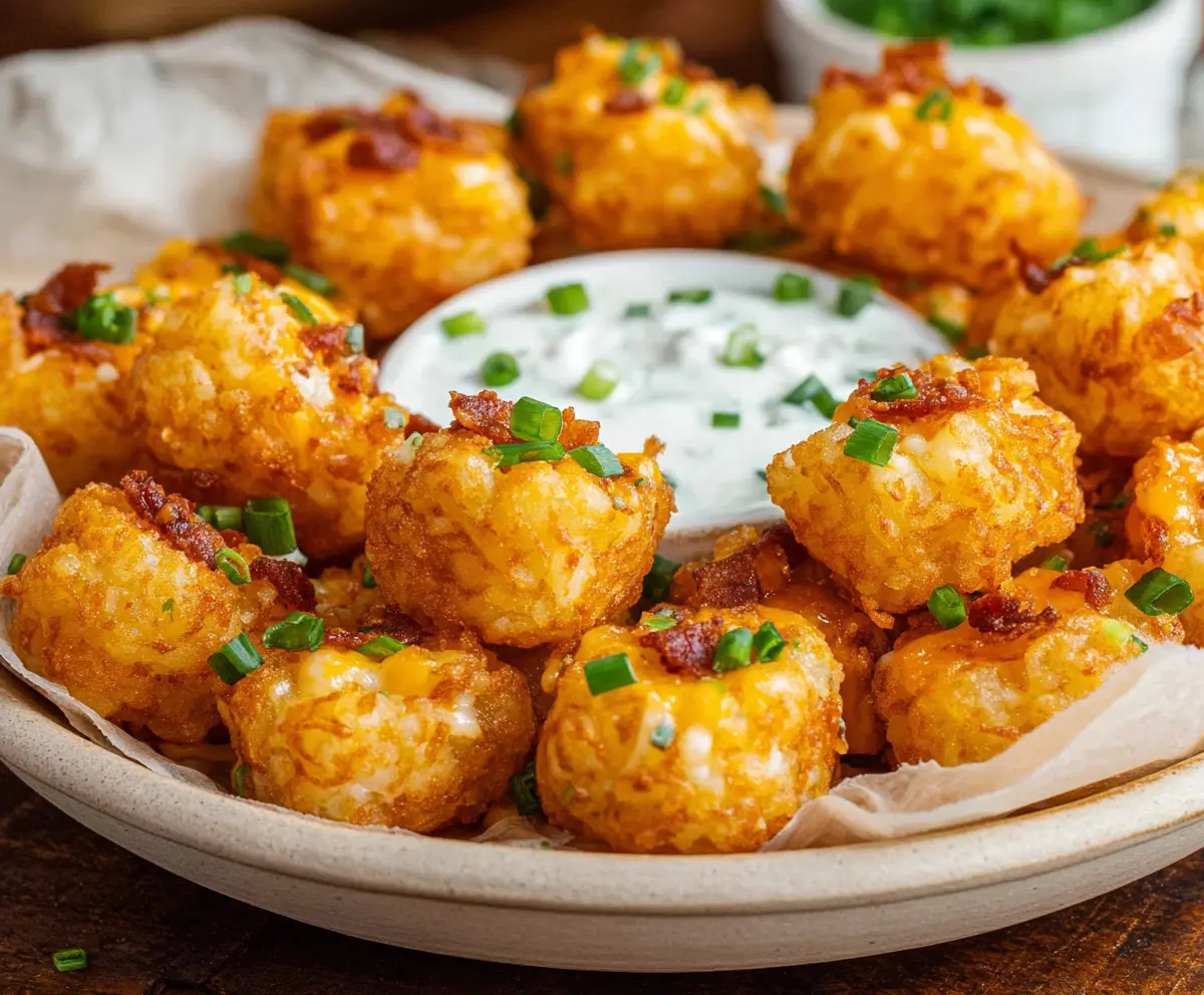Crispy Tater Tot Bites served with dipping sauce on a white plate, perfect appetizer for parties.
