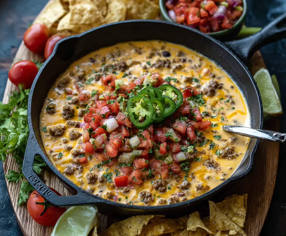 Creamy Cowboy Queso Dip served with tortilla chips, perfect for parties and gatherings.