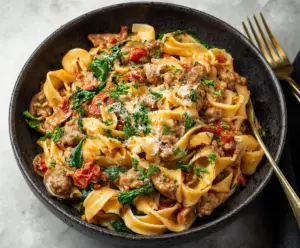 Delicious Tuscan sausage pasta with fresh herbs and melted cheese served on a white plate.