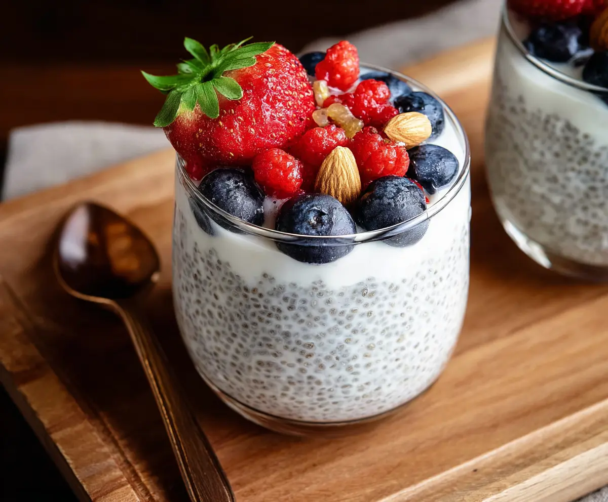 Creamy vanilla chia seed pudding topped with Greek yogurt and fresh berries, perfect for a healthy breakfast or snack.