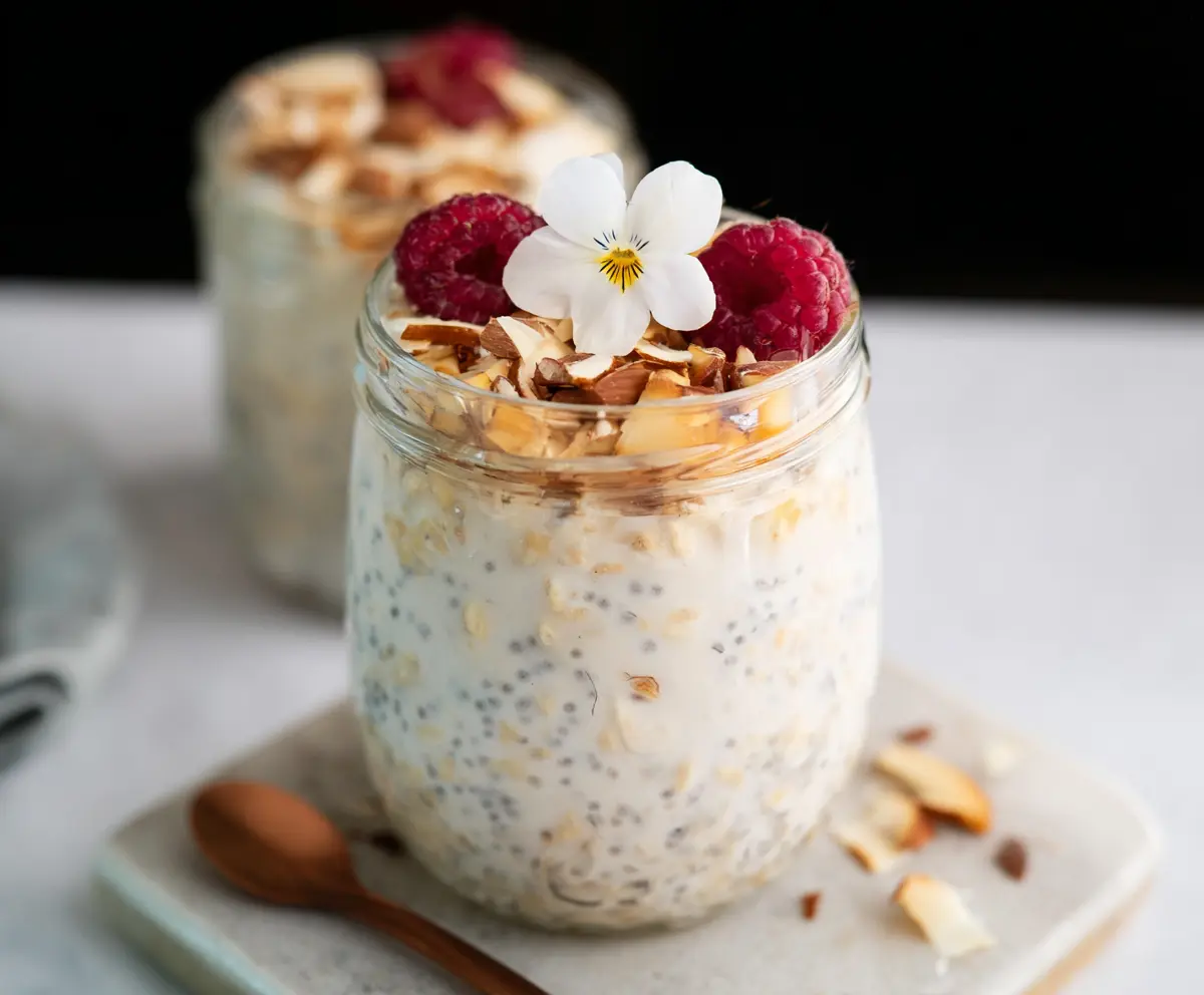 Delicious vanilla flavored overnight oats in a glass jar with fresh fruit toppings for a healthy breakfast