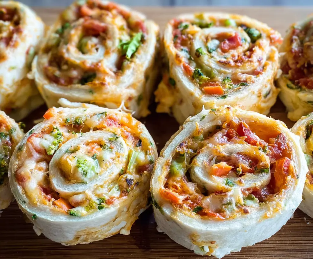 Delicious veggie pizza pinwheels with colorful vegetables and melted cheese on a wooden serving tray.