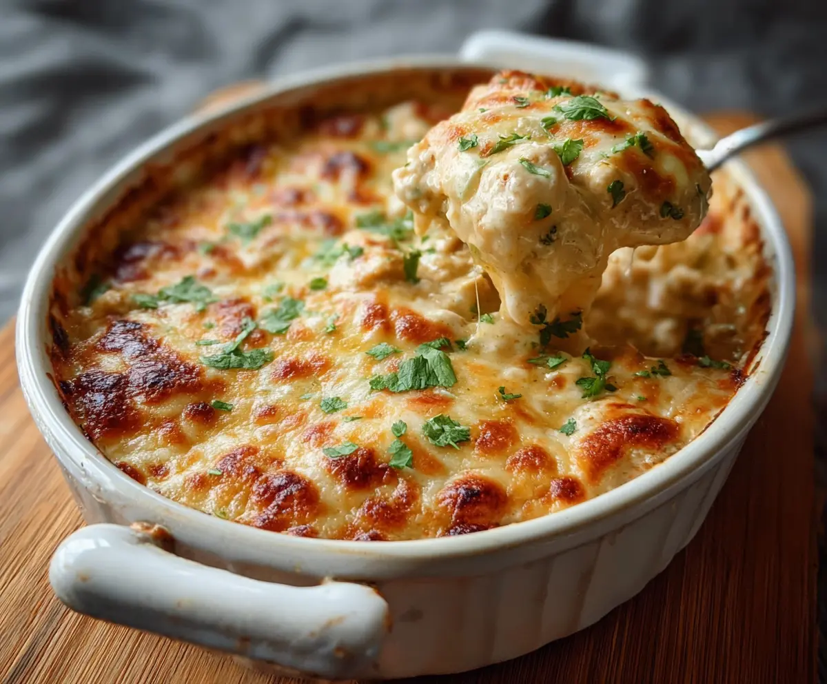 Delicious White Chicken Chili Cottage Cheese Winter Bake served hot with fresh herbs