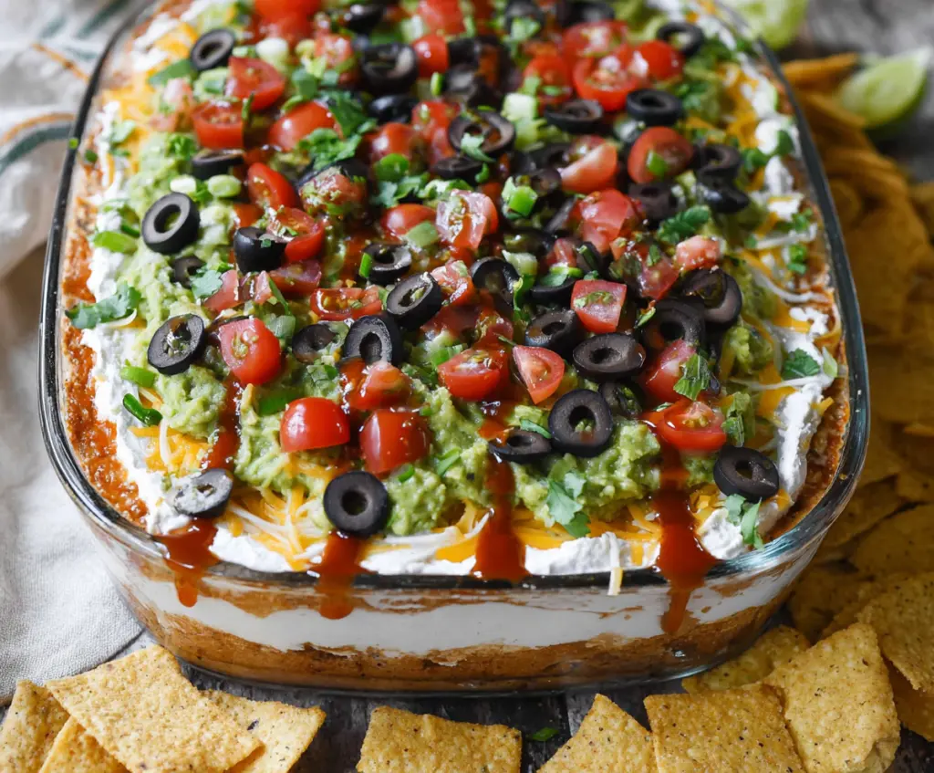 Delicious 7 Layer Bean Dip with fresh ingredients and vibrant toppings