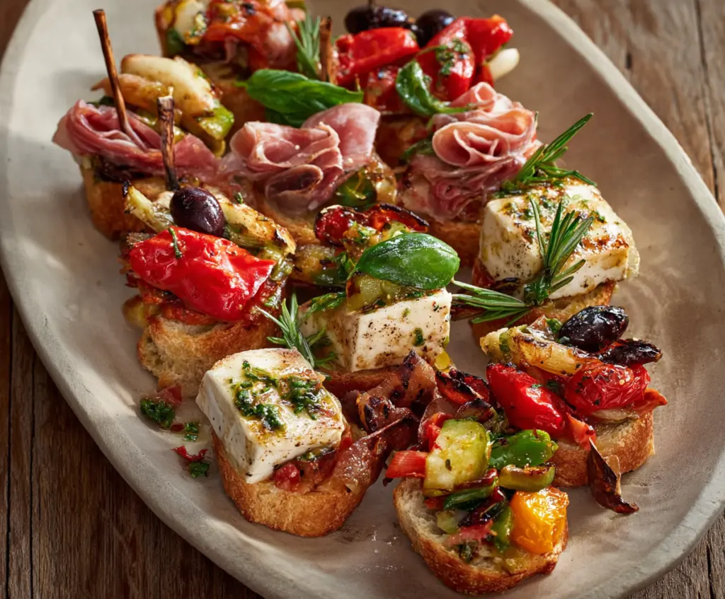 Savory antipasto bites with cured meats, cheeses, and olives on a decorative platter.