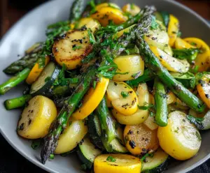 Fresh asparagus, zucchini, and squash medley on a rustic wooden table, vibrant and healthy vegetable dish for a nutritious meal.