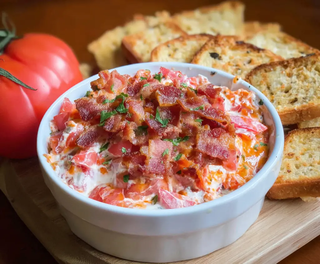 Creamy bacon and tomato dip served with crispy chips, perfect for appetizer recipes.