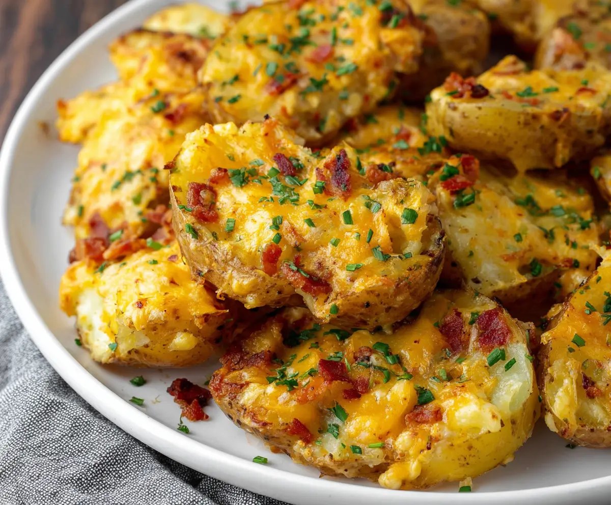 Delicious baked cheddar ranch potatoes showing golden brown crust and creamy interior