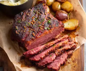 Delicious baked corned beef served with roasted vegetables on a white plate.