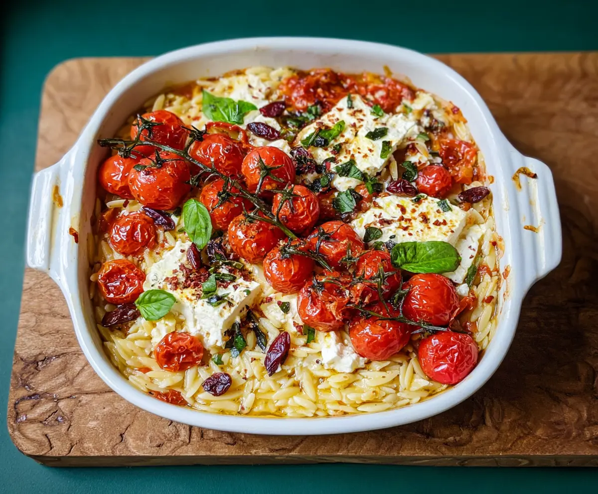 Delicious baked feta orzo pasta dish garnished with herbs on a white plate.