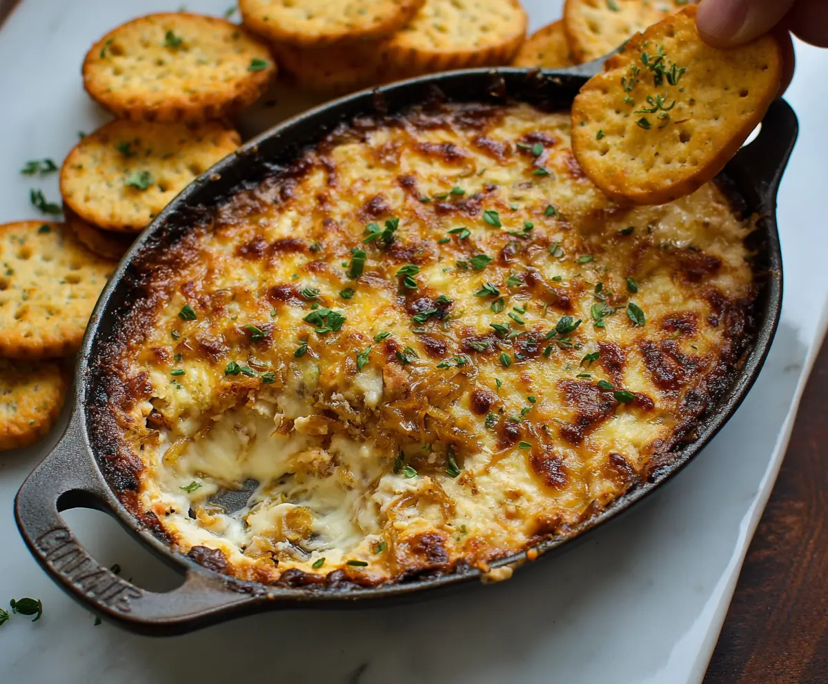 Delicious baked French onion dip served with crispy chips, perfect for snacking or entertaining.