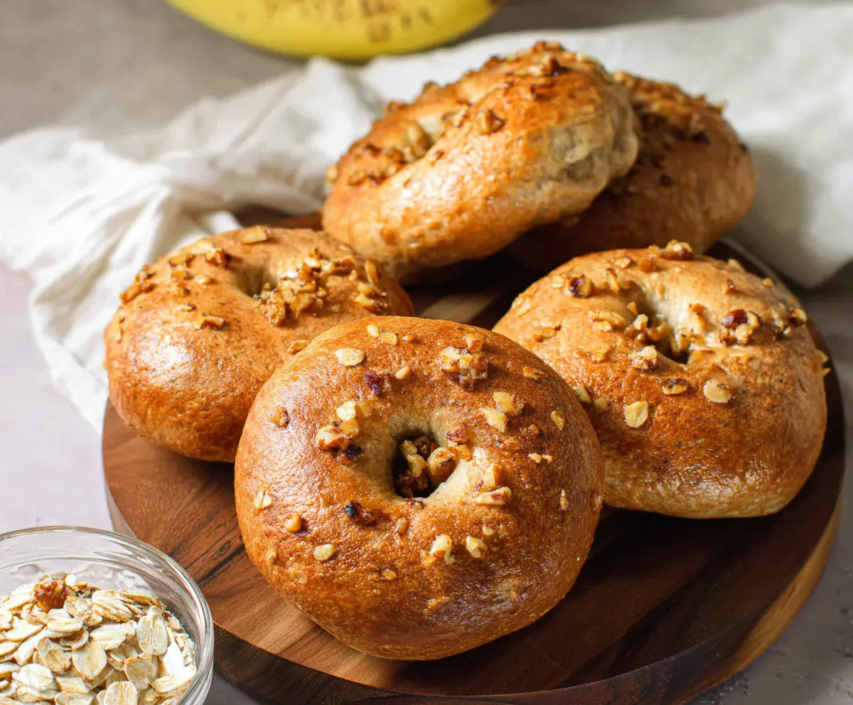 Delicious Banana Nut Bagels fresh out of the oven, perfect for breakfast or a snack.