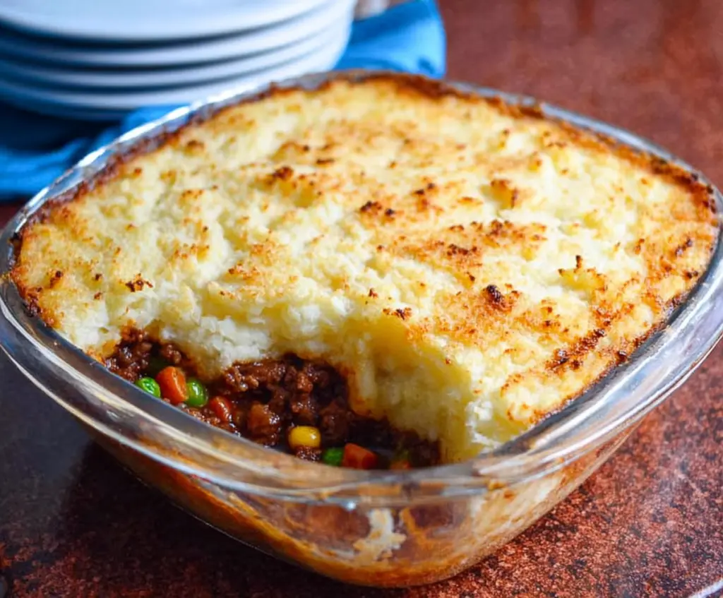 Delicious beef shepherd's pie topped with golden mashed potatoes served on a rustic plate.