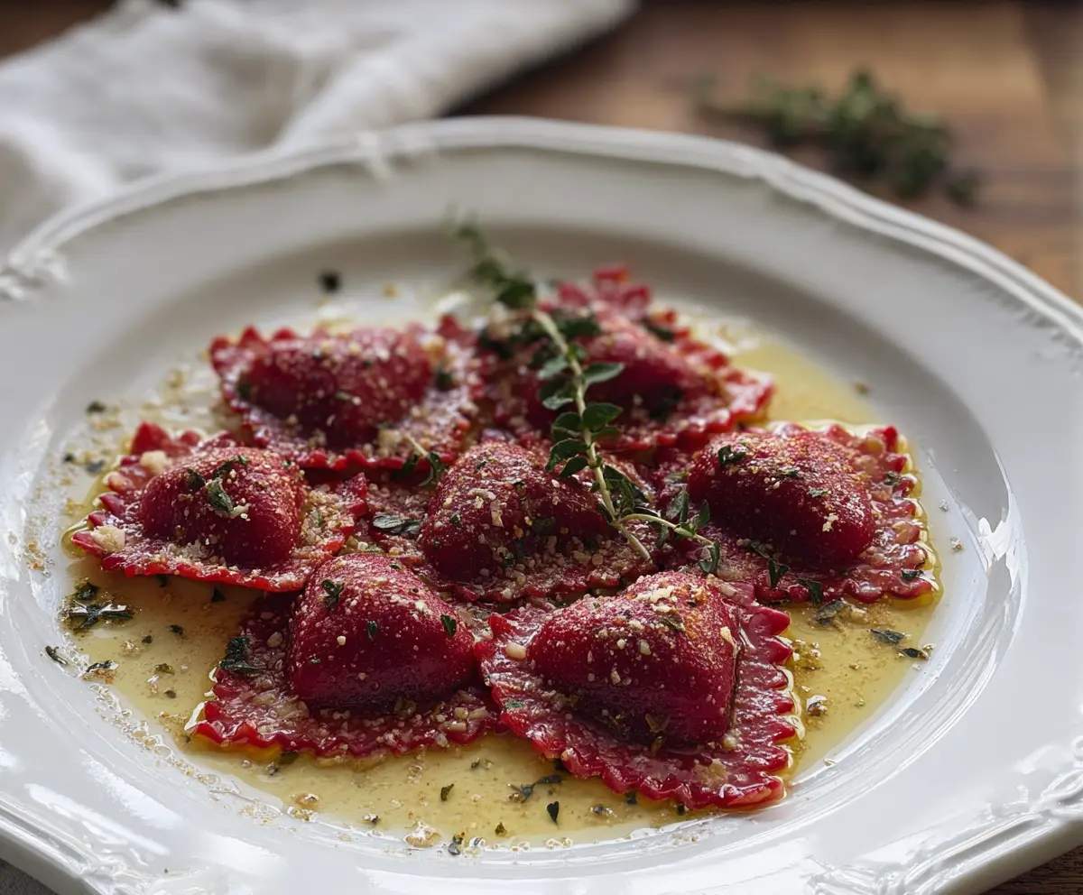 Delicious Beet Heart Ravioli with fresh pasta and vibrant beet filling on a rustic plate