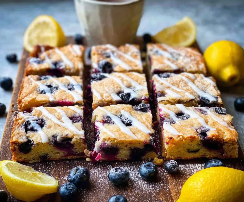 Delicious blueberry lemon blondies with a golden crust and fresh blueberries on top.