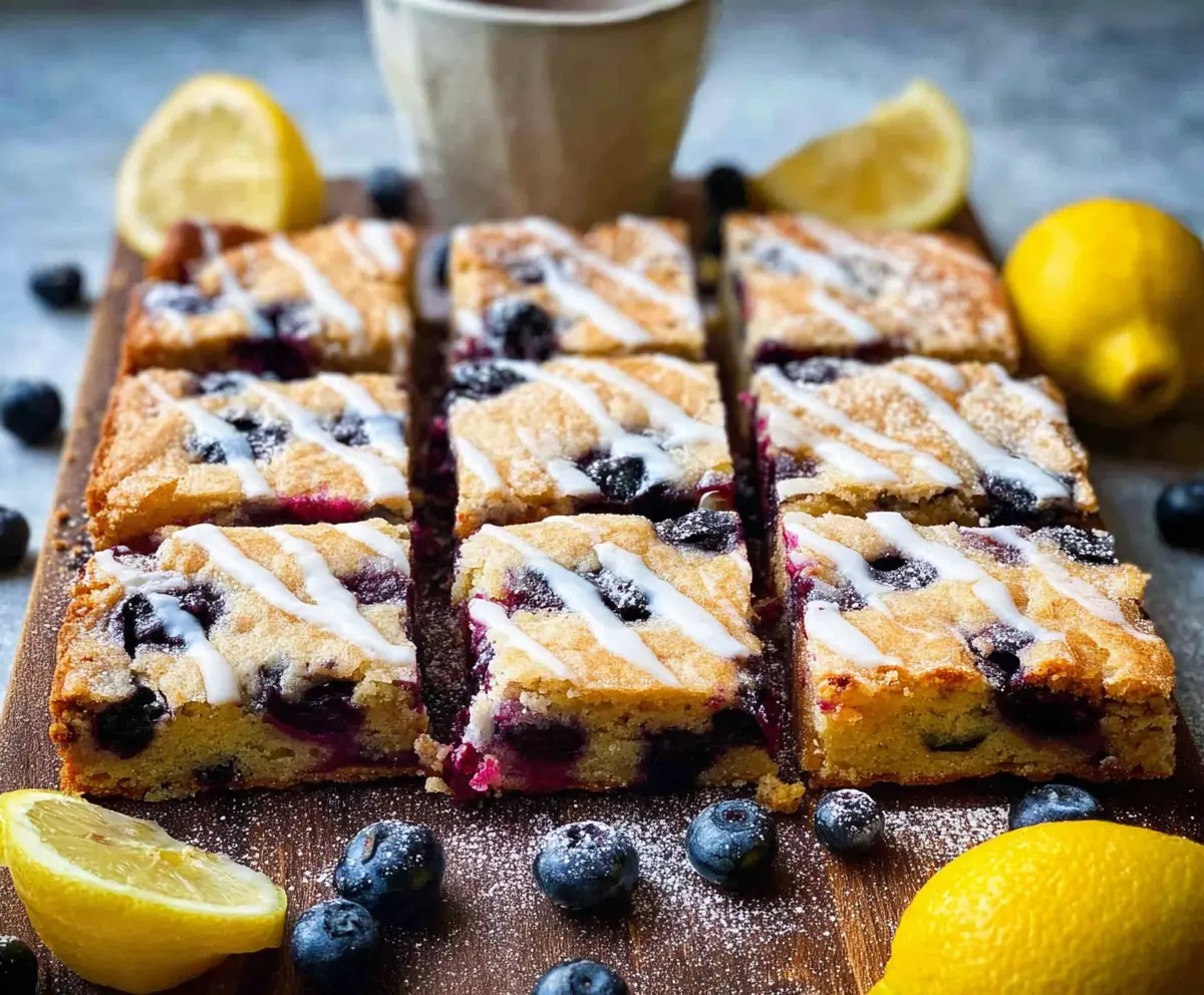 Delicious blueberry lemon blondies with a golden crust and fresh blueberries on top.