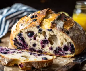 Fresh homemade Blueberry Lemon Sourdough Bread with blueberries and lemon zest.