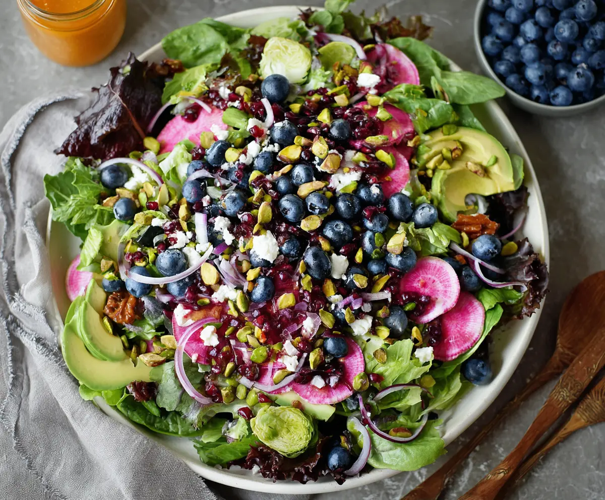 Fresh Blueberry Pistachio Spring Salad with vibrant berries and crunchy pistachios on a white plate.