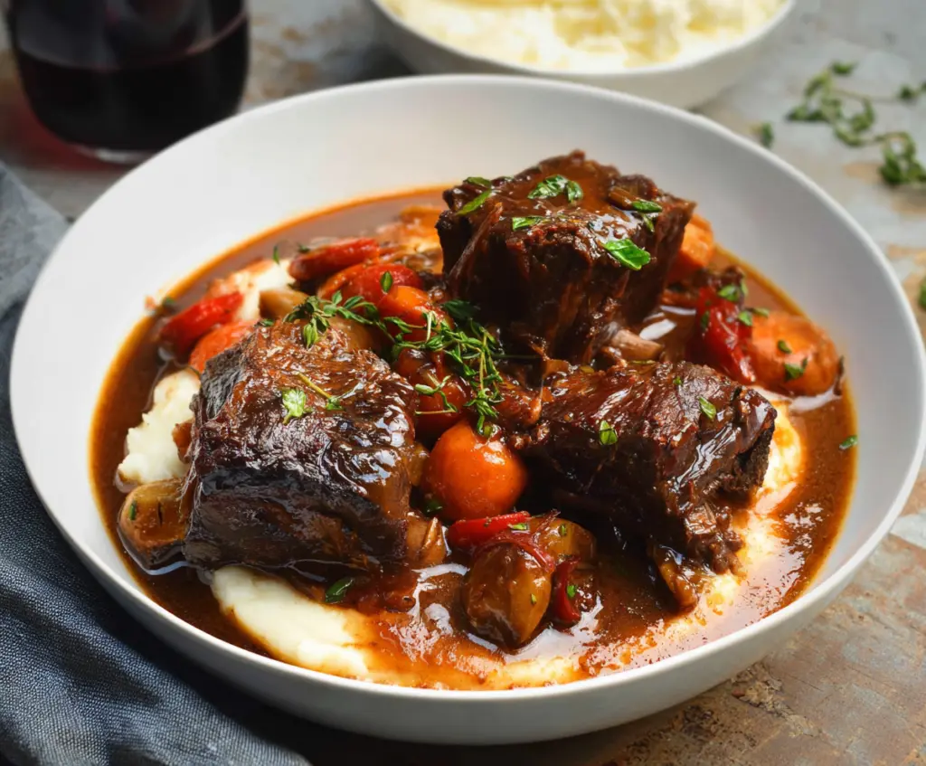 Delicious braised short ribs served with vegetables on a rustic wooden table.