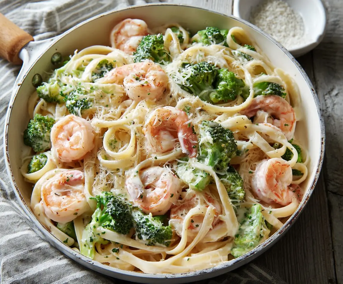 Delicious broccoli and shrimp Alfredo pasta dish served on a plate.