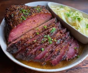 Savory Brown Sugar Dijon Corned Beef Brisket ready to serve with a golden crust.