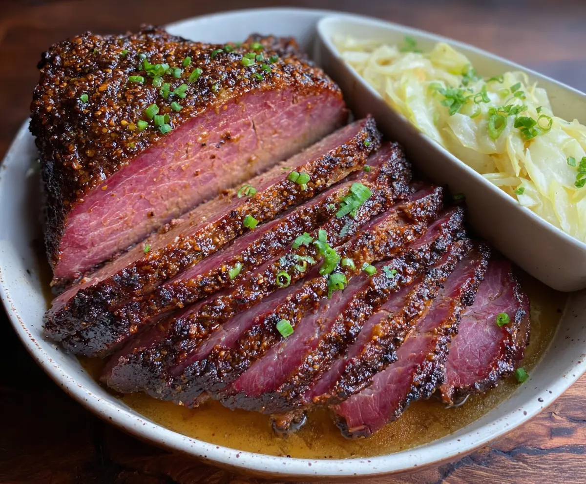 Savory Brown Sugar Dijon Corned Beef Brisket ready to serve with a golden crust.
