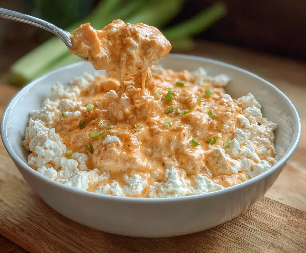 Healthy Buffalo Chicken Cottage Cheese bowl, featuring spicy grilled chicken and creamy cottage cheese, perfect for a high-protein meal.