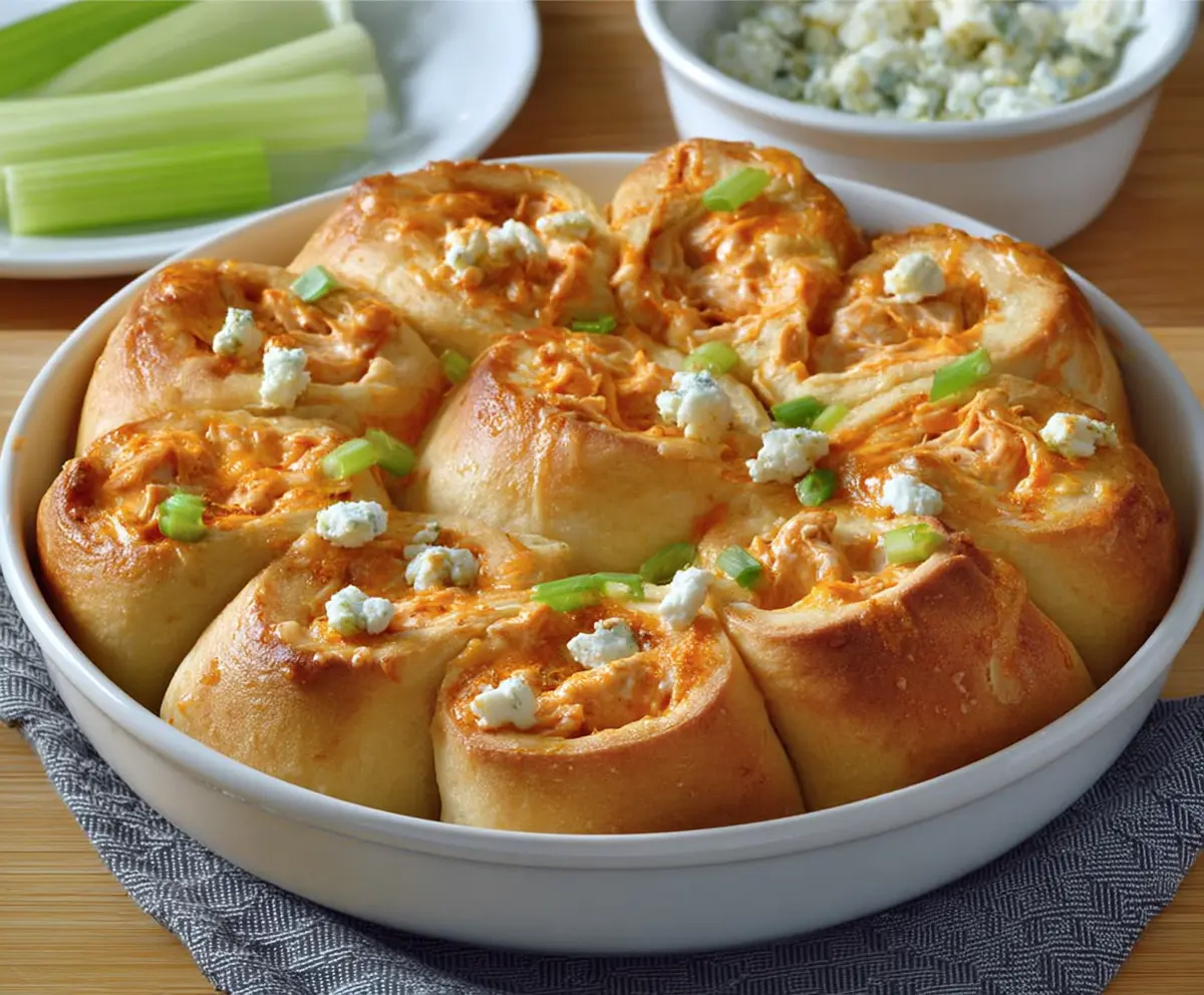 Delicious Buffalo Chicken Crescent Roll Bake with melted cheese and spicy buffalo sauce.