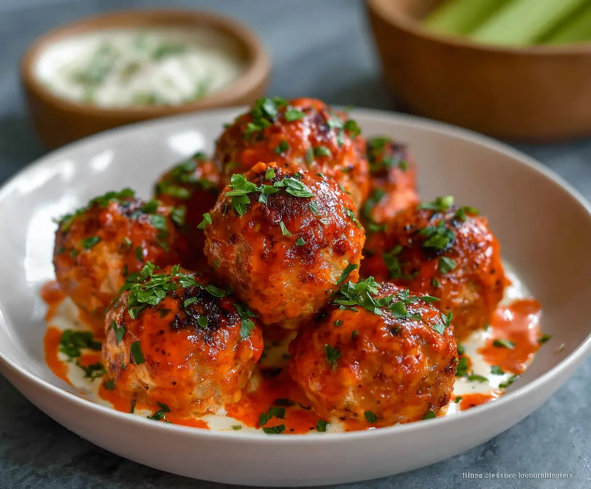 Delicious buffalo chicken meatballs served with creamy dipping sauce
