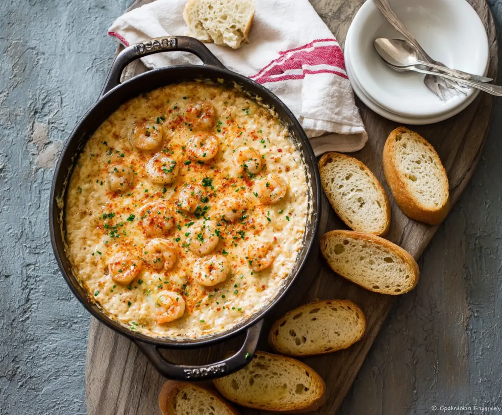 Creamy Cajun Shrimp Dip garnished with fresh herbs, perfect for parties and appetizers.
