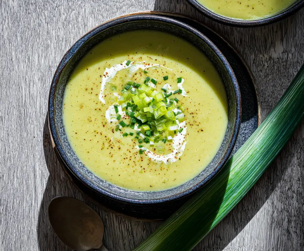 Creamy celery and leek soup served in a bowl, ready to enjoy a warm, healthy meal.