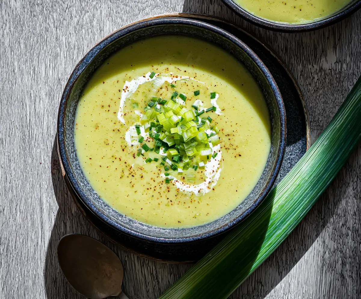 Creamy celery and leek soup served in a bowl, ready to enjoy a warm, healthy meal.