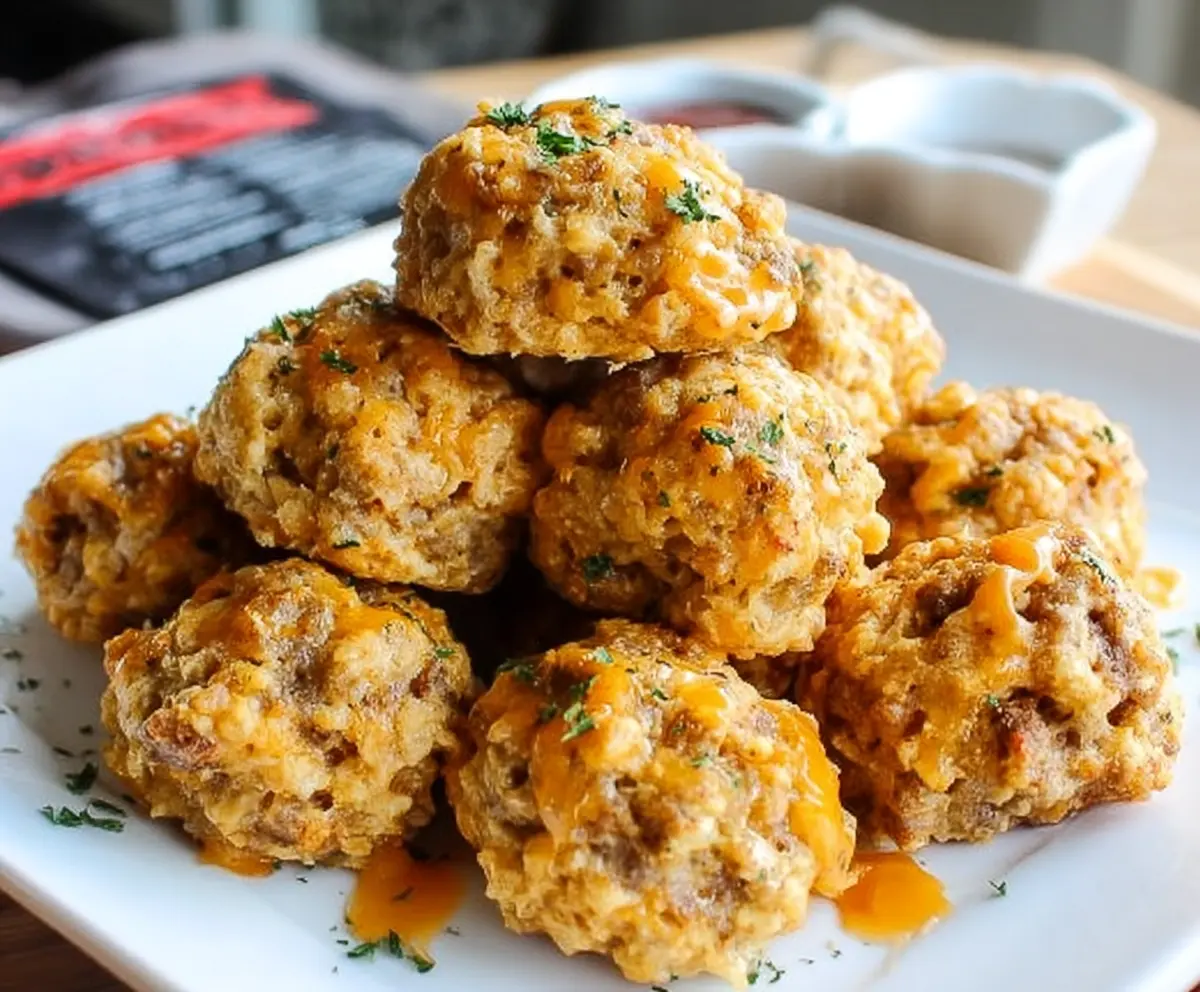 Delicious Cheddar Bay Sausage Balls served on a platter, perfect for appetizers or parties.