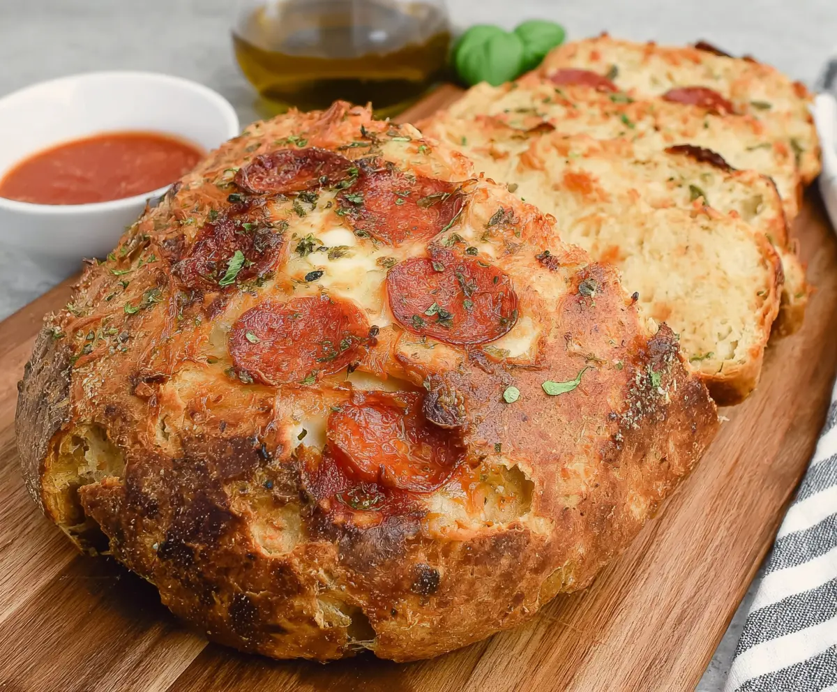 Delicious cheesy pepperoni sourdough pizza bread sliced and ready to serve.