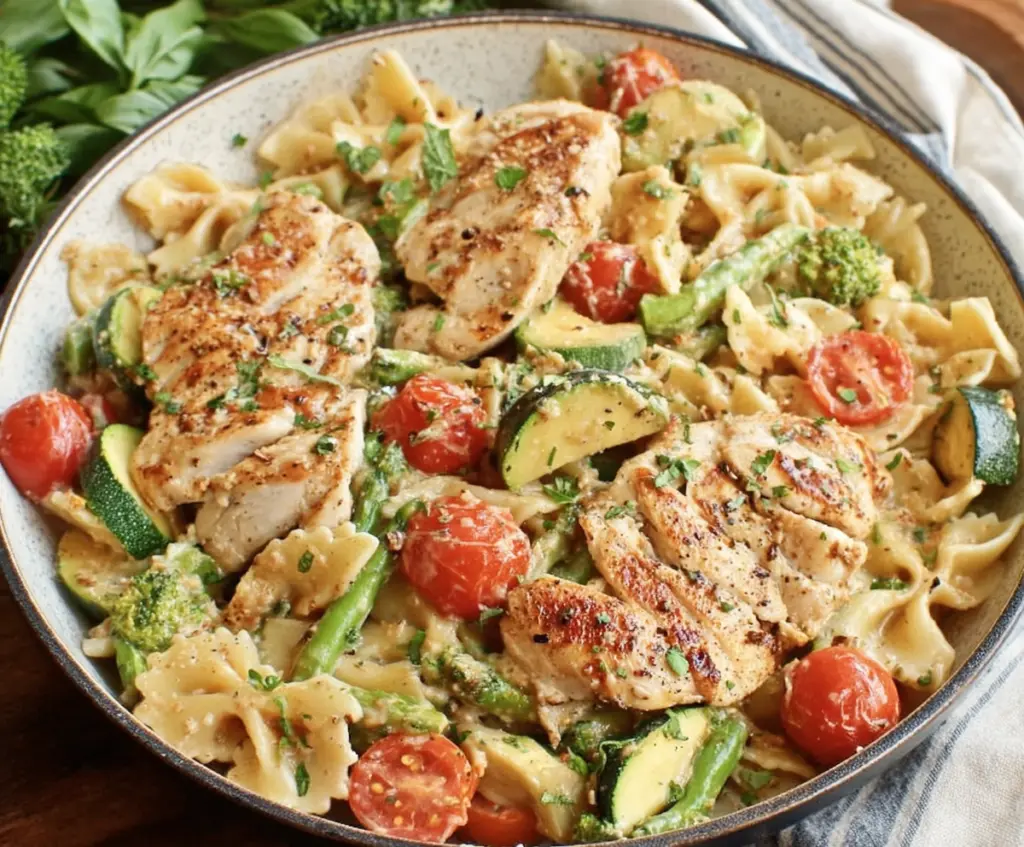 Fresh Chicken Primavera pasta dish with colorful vegetables and herbs