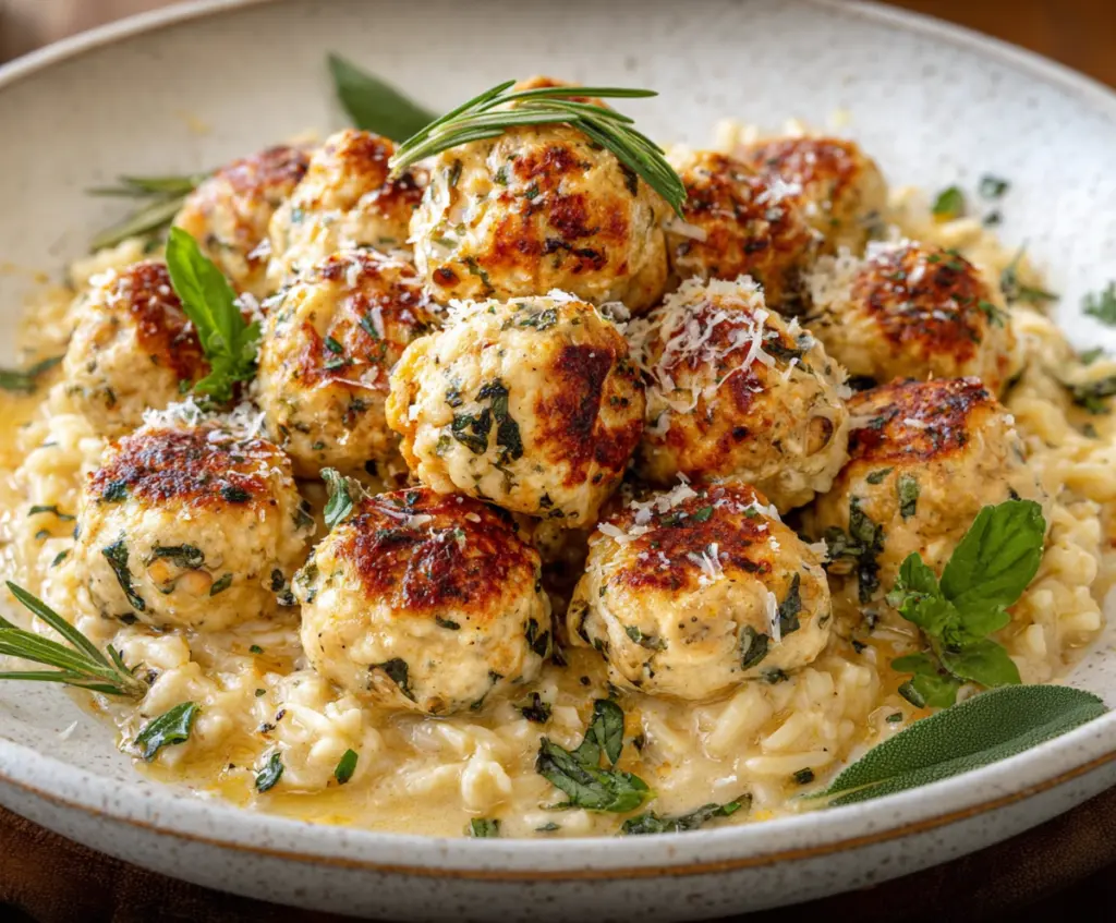 Delicious chicken ricotta meatballs resting on a plate, garnished with herbs for a flavorful Italian dish.